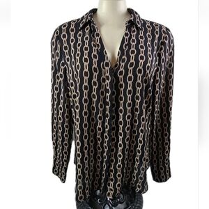Worthington Black Gold Chain Print Button-Up Blouse Shirt Size M Long Sleeve